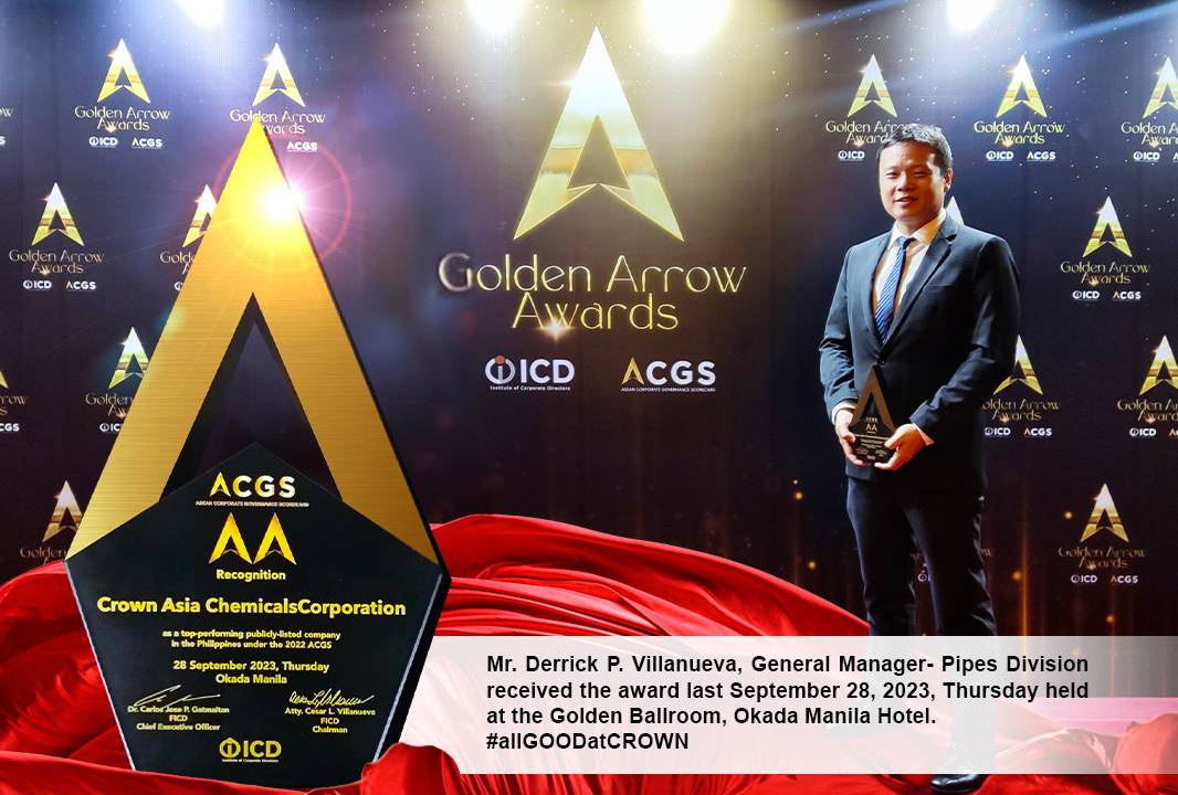 Mr. Derrick P. Villanueva receiving the Golden Arrow Award for Crown Asia Chemicals Corporation